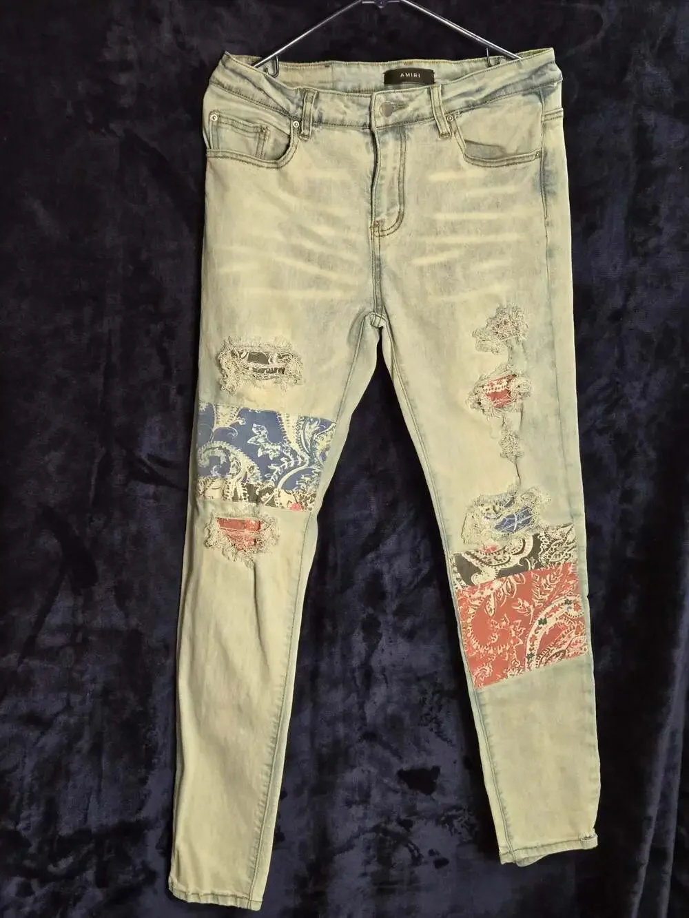 Amiri Pajama Art Patch Skinny Jeans in Light Vintage